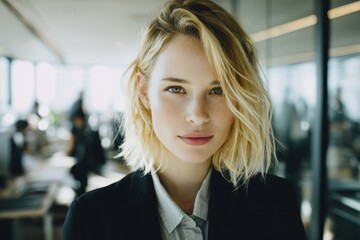 Obraz premium Young blonde female dressed for business in an office setting