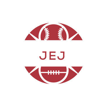 JEJ Minimal Sports Logo. JEJ Design with Baseball and Football Icon. JEJ Modern Athletic Badge Template for Sports Brand or Team Identity.
