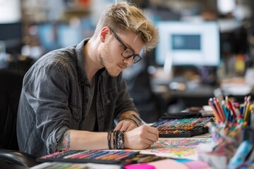 Young designer sketching at office desk