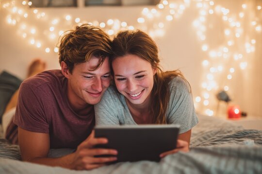Young couple enjoying each other while using a tablet in bed
