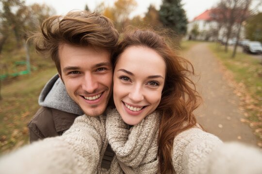 Young couple in love taking a selfie at the park during a piggyback ride