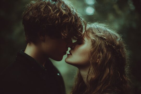Young couple kissing in the forest - Powered by Adobe