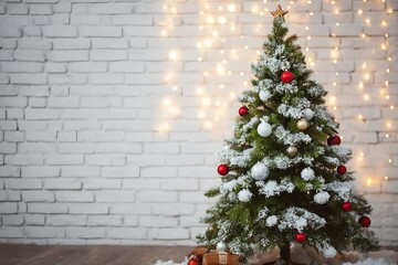 decorated christmas tree over white brick wall with shiny lights