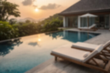 Fototapeta premium Blurred background of a modern swimming pool with lounge chairs beside it for visitors to relax, with a charming sunset.