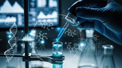 gloved hand pipettes blue solution into test tube amidst holographic DNA molecular structures and digital data in futuristic scientific laboratory highlighting advanced research - Powered by Adobe