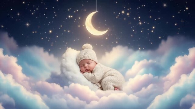 baby in cream knitted outfit sleeps peacefully on soft white cloud surrounded by pastel clouds A glowing crescent moon hangs under dark star-filled night sky magical dreamscape
