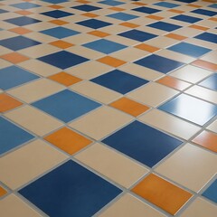 Beige Tile Floor with Orange and Blue Patterns.