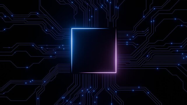 Glowing Neon Microchip Circuit Board for Digital Data Processing, Artificial Intelligence, Cybersecurity, High-Tech Innovation, IT Systems background. Seamless loop. Created using non-AI 3d software