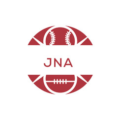 JNA Minimal Sports Logo. JNA Design with Baseball and Football Icon. JNA Modern Athletic Badge Template for Sports Brand or Team Identity
