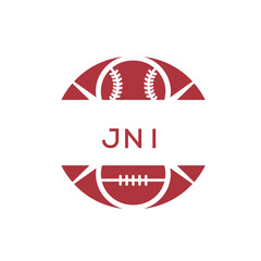 JNI Minimal Sports Logo. JNI Design with Baseball and Football Icon. JNI Modern Athletic Badge Template for Sports Brand or Team Identity
