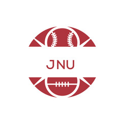 JNU Minimal Sports Logo. JNU Design with Baseball and Football Icon. JNU Modern Athletic Badge Template for Sports Brand or Team Identity
