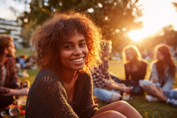 Young woman having a leisurely day with friends in a sunny park