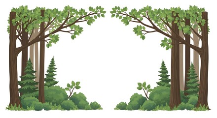 Obraz premium Natural forest border clipart featuring tree trunks, leaves, and branches framing open space, perfect for creative design templates.