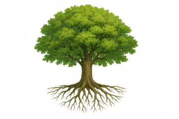Lush green tree representing nature, growth, environment, featuring visible roots and trunk, on transparent background