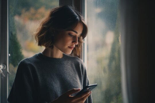 Young woman with a smartphone by the window