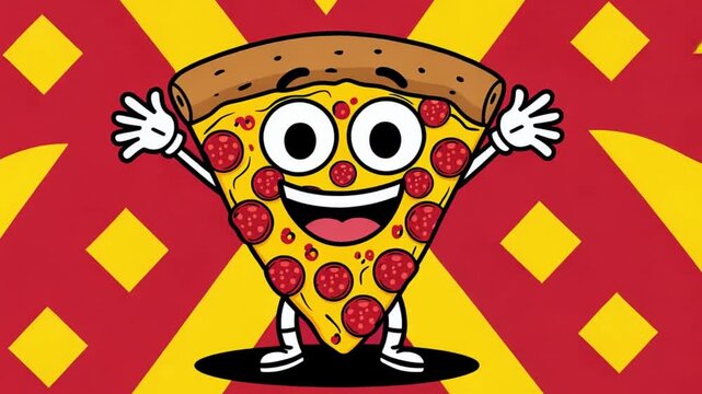 Cheerful pepperoni pizza slice cartoon character smiling and waving with arms raised, creating a fun, inviting feeling