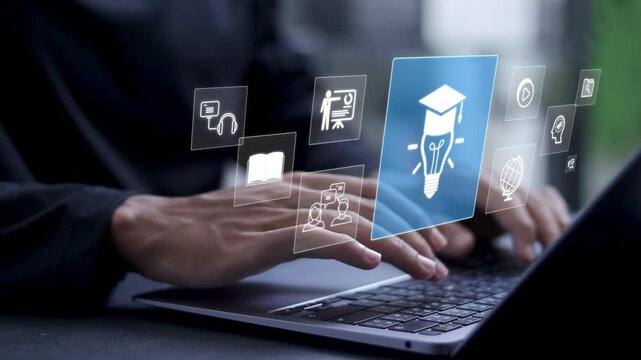 online education technology concept, E-learning education, internet lessons and online webinar, AI-enhanced learning with personalized courses.