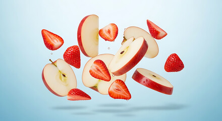 Fresh Sliced Red Apples and Strawberries Floating in MidAir.