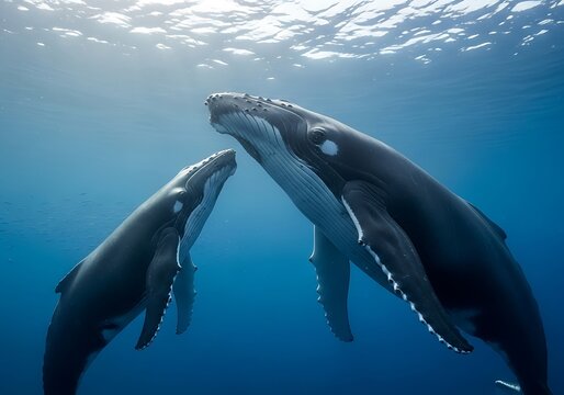 Whale Mother and Calf Underwater.