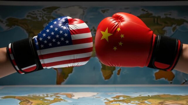 Two hands in boxing gloves one with American flag design and the other red with yellow stars China confront each other over world map symbolizing geopolitical tension
