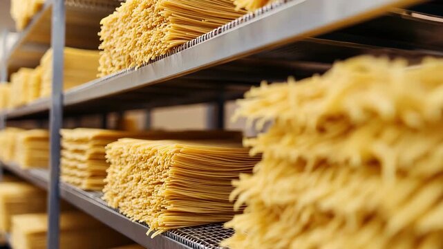 Stacks of uncooked pasta on metal shelves in a food production facility.