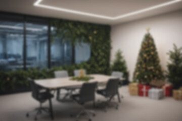 Blurred background of a modern office at night with Christmas decorations and a Christmas tree in the corner of the room.
