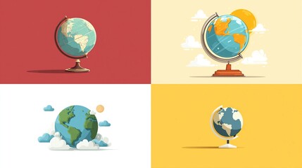 Four different illustrated globes on varying backgrounds, showcasing the Earth and its continents in a simplified style