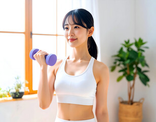 自宅のリビングで筋トレをする若い女性