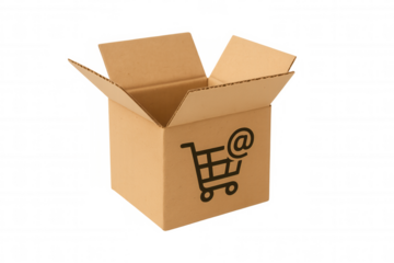 Open cardboard shipping box with e-commerce shopping cart and at symbol, representing online global delivery and retail service