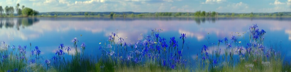 Tranquil lakeside scene with reflection of clouds and lush vegetation