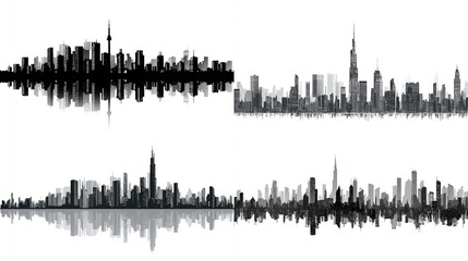 Fototapeta premium Four stylized monochromatic cityscapes with varying reflections sit on a white background, showcasing urban skylines