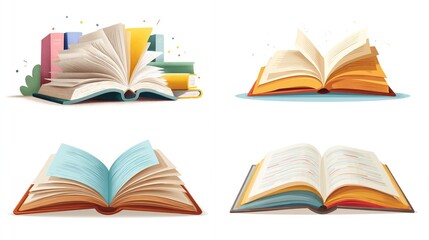 Four colorful, open books with varying page angles and arrangements, set against a white background
