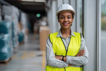 A self assured Black woman supervisor in a safety vest and helmet stands in a warehouse hallway hands on hips smiling at the camera