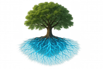 Tree of life showing glowing blue energy roots, symbolizing growth, connection, and nature's power on transparent background