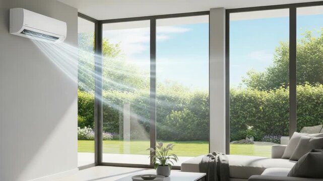 modern room with an AC unit emitting cool air and large windows overlooking vibrant green garden Features light sectional sofa white coffee table with plant and bright natural light