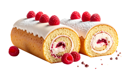 Two delicious cream-filled cake rolls isolated on transparent background