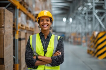 A self assured Black woman supervisor in a safety vest and helmet stands in a warehouse hallway hands on hips smiling at the camera