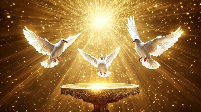 Three white doves fly above a golden baptismal font in radiant light.