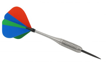 Dart with colorful red, blue, green flights flying towards a target, representing accuracy, competition, and reaching goals