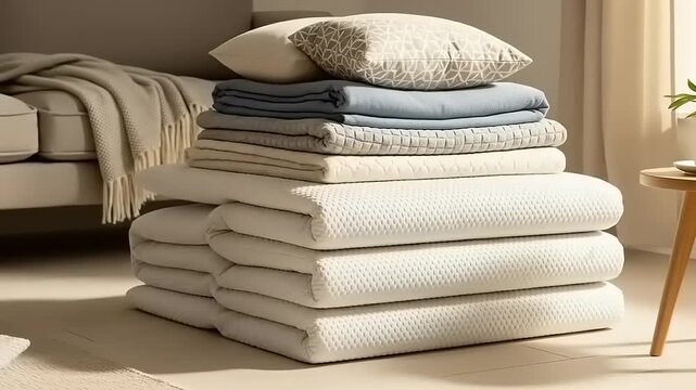 A neatly stacked pile of clean, folded bed linens, including sheets, blankets, and pillows, in a cozy bedroom setting, ready for use.