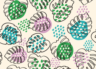 Abstract Monstera Leaf Pattern, Contemporary Botanical Illustration. Handwritten style, Aloha shirt