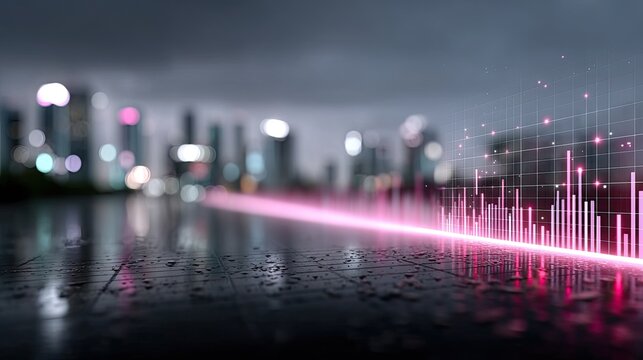 Futuristic Cityscape with Glowing Data Visualization on Wet Ground at Night Neon Pink Bars and Urban Skyline Silhouettes Dark Background