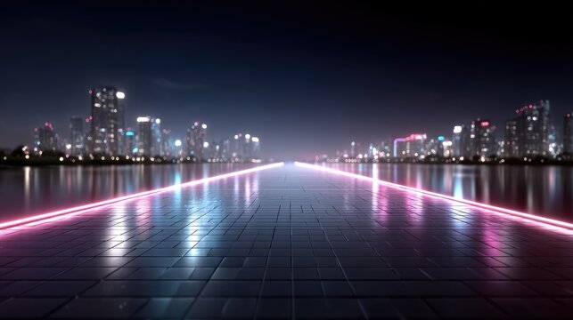 Futuristic Cityscape with Glowing Pink Grid Overlay at Night Reflecting on Water