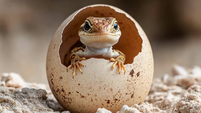 A baby lizard hatching from an egg, looking directly at the camera.