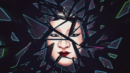 Abstract Portrait of a Woman Shattering into Geometric Fragments. - Powered by Adobe