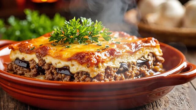 Hearty Moussaka casserole baking in a rustic clay dish, steam rising, featuring layers of ground meat, eggplant, and b&eacute;chamel sauce