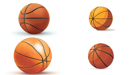 Four different-sized basketballs are shown on a white background. The balls have the typical orange color and black seams