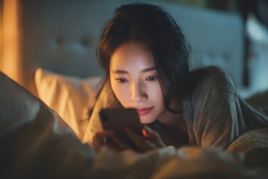 An Asian woman is using her smartphone in bed before sleeping at night highlighting mobile addiction