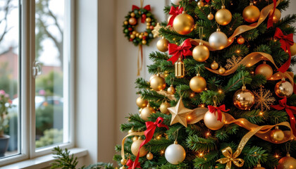 Beautifully decorated Christmas tree adorned with golden ornaments, ribbons, and twinkling lights creates warm and festive atmosphere. scene includes wreath on wall, enhancing holiday spirit