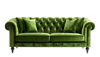 Plush Luxury Green Velvet Couch Front View isolated on transparent background PNG